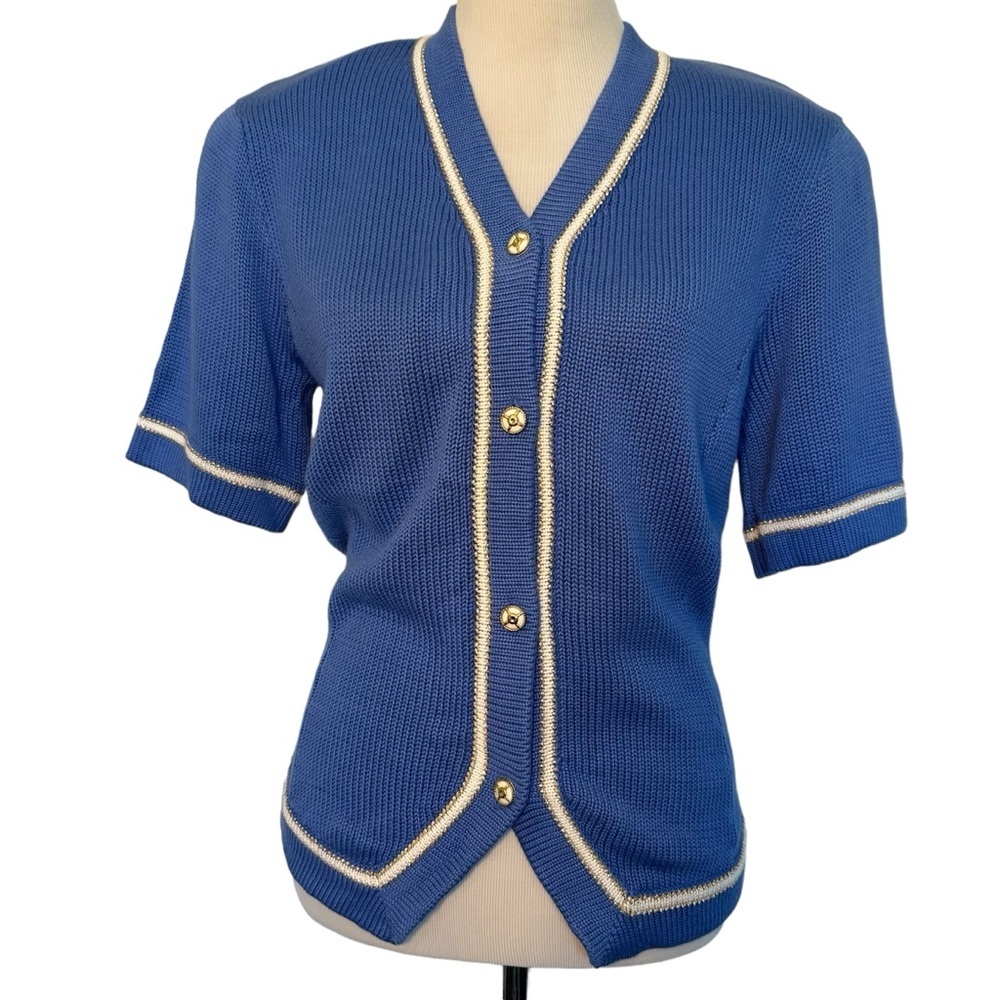 Sid effect’s 90s nautical blue and white short sleeve cardigan sweater.